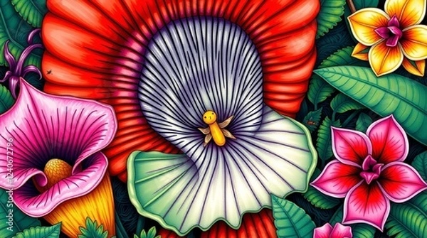Obraz Close-up of a Rafflesia flower, the world's largest, surrounded by pitcher plants, ferns, and orchids. Tiny insects hover nearby. Vivid electric colors, detailed hand-drawn style.