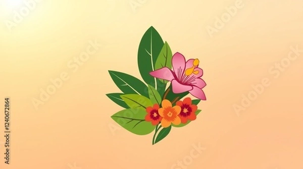 Obraz Geometric logo featuring a Rafflesia flower and tropical flora in vibrant, complementary colors. Clean lines, balanced symmetry, soft golden hour light.