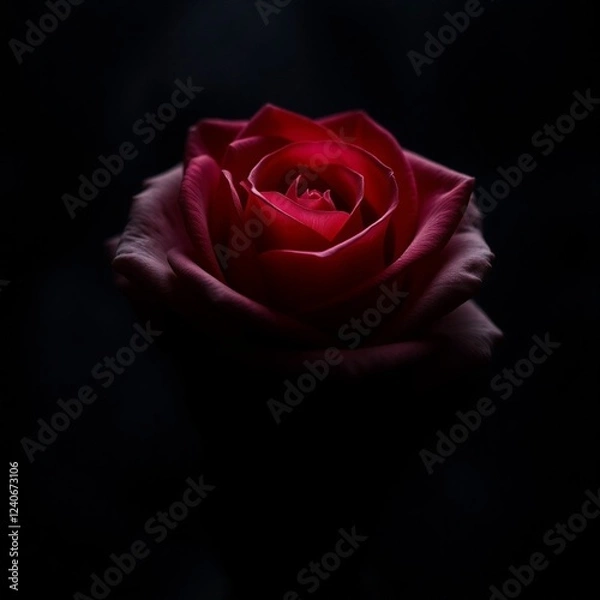 Fototapeta A unique, modern rose in an intense jet black, mystic, enchanting environment, gentle color contrasts, dreamlike atmosphere, ethereal quality, deep shadows