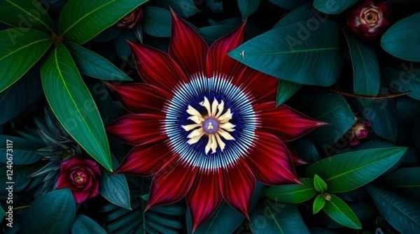 Obraz An overhead bird’s eye view of a Rafflesia flower surrounded by tropical plants, rich burgundy and deep blue tones. Sophisticated and elegant, top-down perspective.