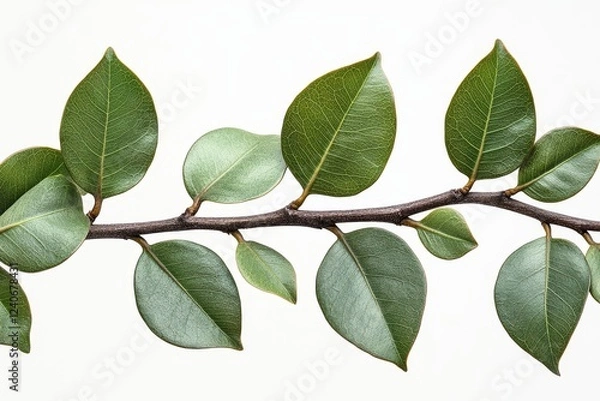 Fototapeta Close-Up of Green Leaves on Rubber Tree Branch, Isolated on White Background