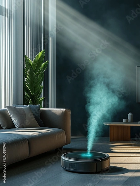 Obraz High-Tech Living Room with Robotic Vacuum and Floating Minty Fragrance Waves in Clean Space, Generative AI