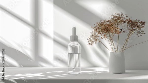Obraz A small transparent plastic bottle with a dropper cap, placed centrally on a clean white medical table.