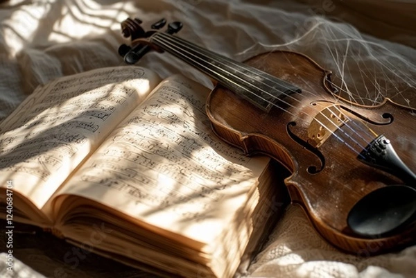 Obraz Vintage violin and sheet music bathed in soft afternoon light.