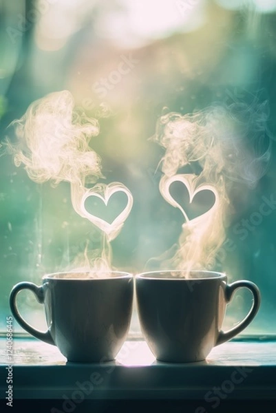 Obraz Two cups with steam forming heart shapes by a window.