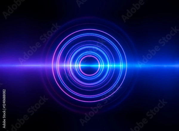 Fototapeta Abstract image of concentric glowing circles in vibrant blue and purple hues, intersected by a bright horizontal light beam against a dark background.  The effect is hypnotic and suggests energy or a 