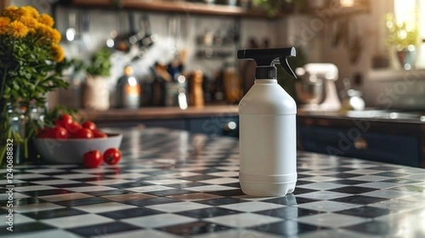Fototapeta A white plastic bottle of disinfectant cleaner placed at the center of a neat office floor.