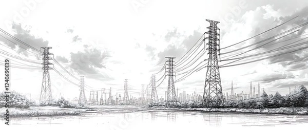Fototapeta Detailed Sketch of Power Transmission Lines and Industrial Landscape