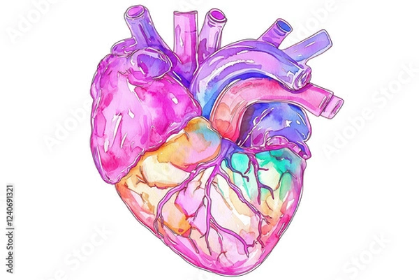 Fototapeta A vibrant, colorful illustration of a human heart, showcasing intricate details and a blend of hues.