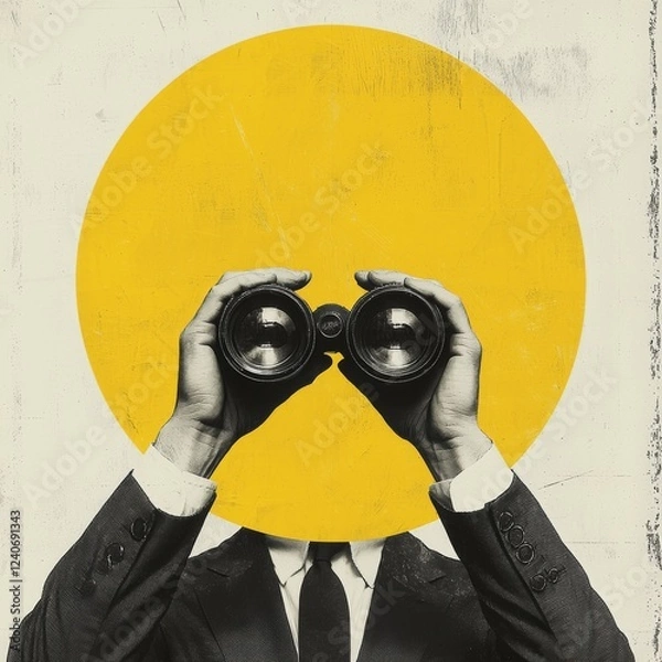 Fototapeta A surreal collage depicting a businessman observing through binoculars, framed by a yellow circle