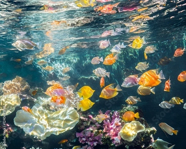Fototapeta A close-up of vibrant coral reefs with colorful fish swimming in clear waters