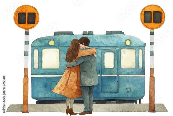 Fototapeta A couple embraces in front of a vintage blue train, captured in a warm, affectionate moment.