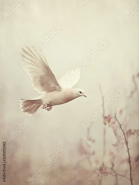 Fototapeta Flying dove in soft misty background with warm lighting