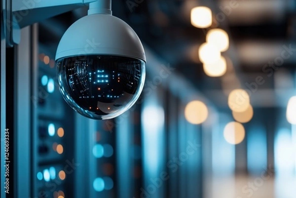 Obraz A security camera monitors a data center filled with glowing server racks. The ambient light creates a soft atmosphere, highlighting the importance of security measures for network protection
