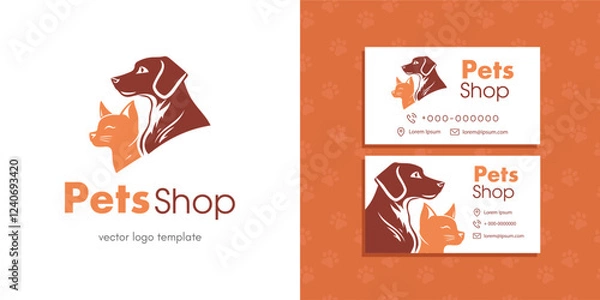 Fototapeta Dog cat logo. Pet shop vector logo template, seamless pattern and business card template.