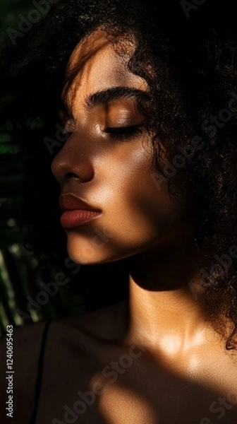 Fototapeta Artistic portrait in natural sunlight showcasing beautiful dark skin texture and curly hair, with dramatic shadows from palm leaves creating a mesmerizing play of light and darkness on serene face.
