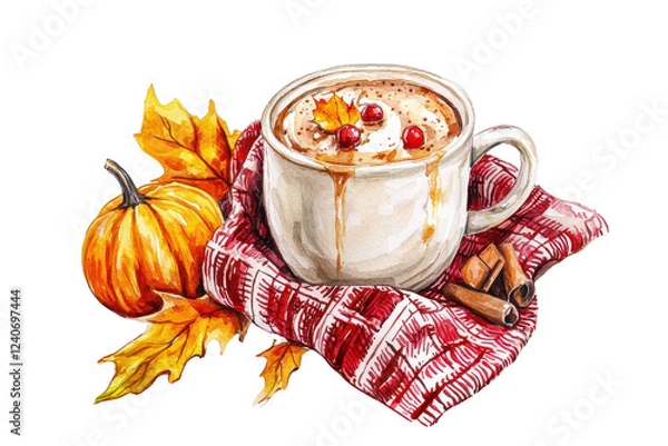 Fototapeta A cozy mug filled with creamy beverage, adorned with cranberries, nestled in a red plaid cloth, accompanied by a small pumpkin and cinnamon sticks.