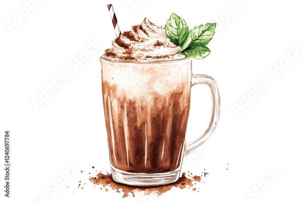 Fototapeta A frosty glass of chocolate drink topped with whipped cream and garnished with a mint leaf.