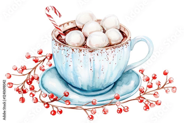 Fototapeta A cozy cup of hot chocolate topped with marshmallows and a candy cane, set on a plate with decorative berries.