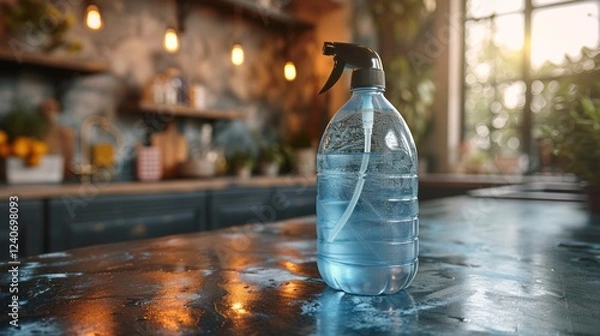 Obraz A white plastic bottle of disinfectant cleaner placed at the center of a neat office desk.