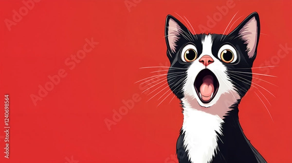 Fototapeta Wide-Eyed Surprise: Tuxedo Cat on Red
