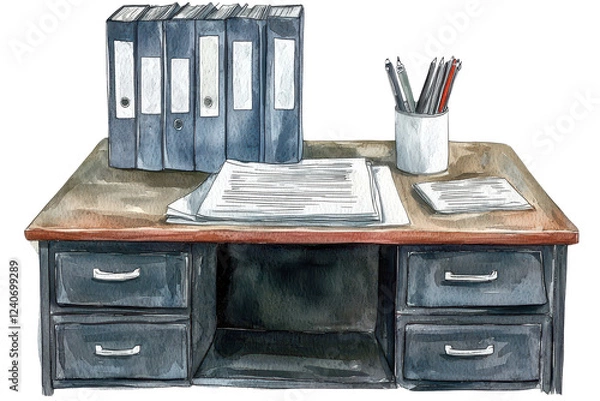 Fototapeta A wooden desk featuring several files, paperwork, and stationery items organized neatly.