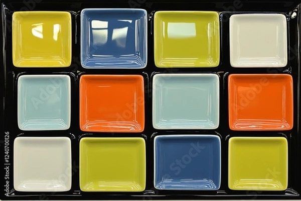 Obraz Grid square ceramic tile wall with colourful geometric shape and form random pattern with minimal modern post modern bauhaus style