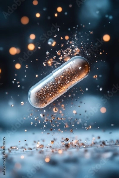 Obraz In mid-air, a pill breaks apart, unleashing a stunning cascade of sparkling particles that shimmer and glow. This captivating spectacle highlights the vibrant energy contained within