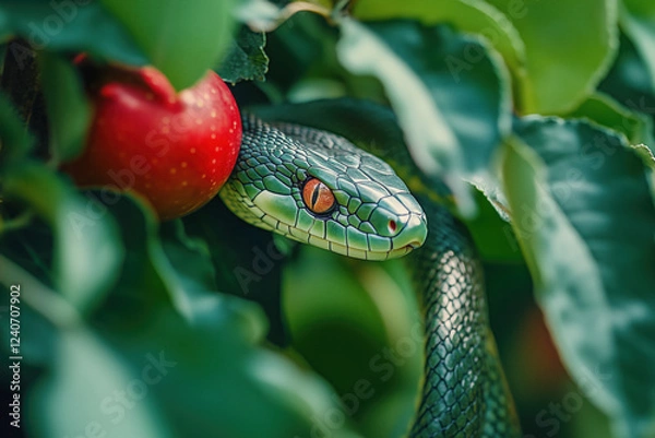 Obraz Lush foliage concealing a green serpent and a red apple