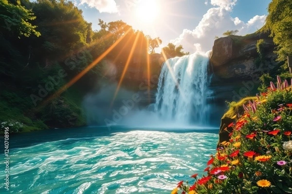 Obraz Sunlit Waterfall Cascading into Turquoise Pool with Vibrant Flowers