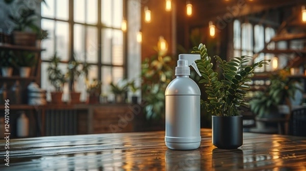 Fototapeta A white plastic bottle of disinfectant cleaner placed at the center of a neat office desk.