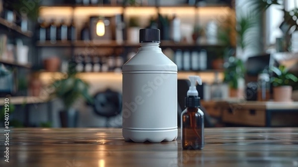 Obraz A white plastic bottle of disinfectant cleaner placed at the center of a neat office desk.