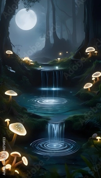 Fototapeta A mystical forest glows with bioluminescence, a shimmering spring, and ghostly ripples, evoking a sacred, enchanting, and mysterious realm.