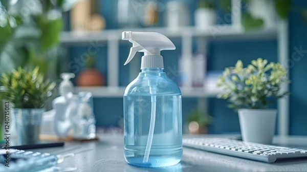 Fototapeta A white plastic bottle of disinfectant cleaner placed at the center of a neat office desk.