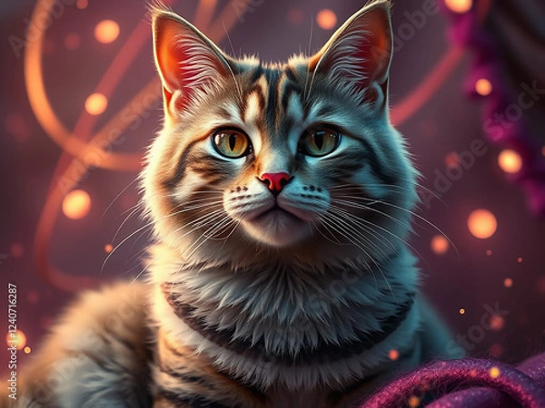 Fototapeta Fantasy image of a cute cat in a magical land. Rainbow, pastel colors, macro, portrait.