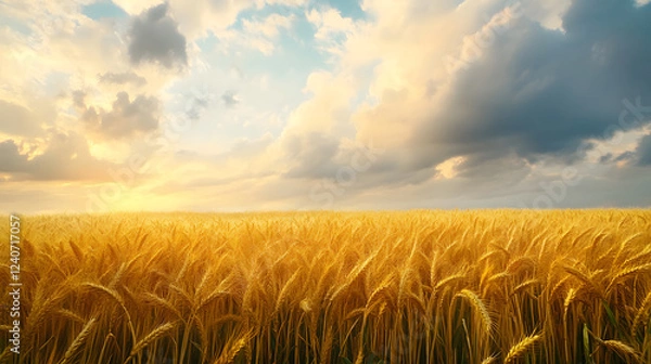 Fototapeta A landscape painting of a golden wheat field under a dramatic cloudy sky.