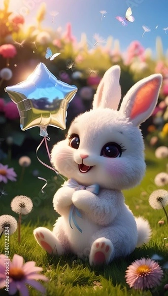 Obraz A cute chibi bunny in a sunlit meadow holds a shiny star balloon, surrounded by flowers, butterflies, and a whimsical glow.