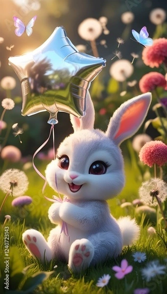 Obraz A cute chibi bunny in a sunlit meadow holds a shiny star balloon, surrounded by flowers, butterflies, and a whimsical glow.