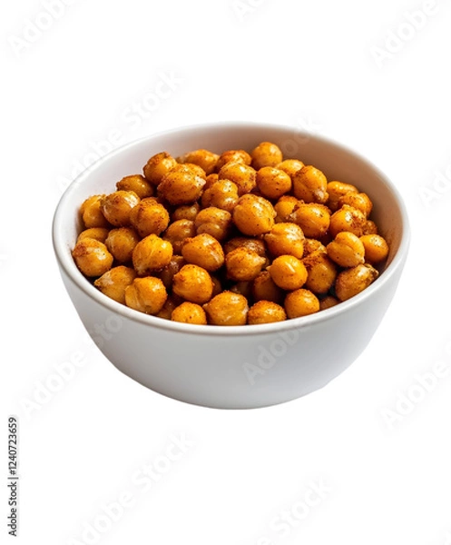 Obraz A small bowl of roasted chickpeas with spices, placed on a white surface. Transparent background


