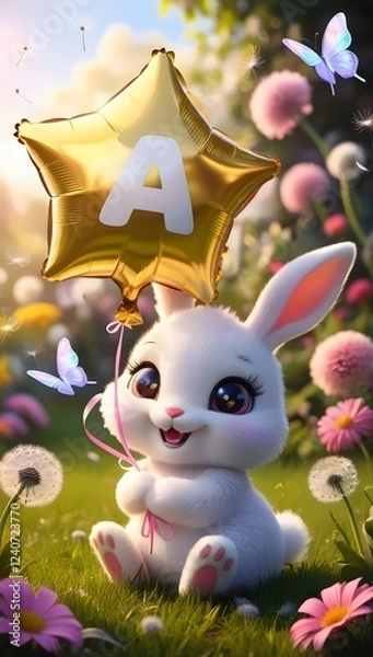 Fototapeta A chibi bunny in a sunlit meadow holds a shiny star balloon with letter ‘A’, surrounded by flowers, butterflies, and magic. ✨