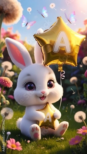 Fototapeta A chibi bunny in a sunlit meadow holds a shiny star balloon with letter ‘A’, surrounded by flowers, butterflies, and magic. ✨