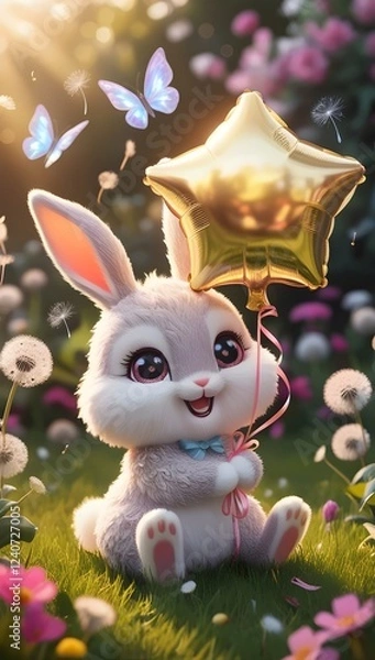 Obraz A cute chibi bunny in a sunlit meadow holds a shiny star balloon, surrounded by flowers, butterflies, and a whimsical glow.
