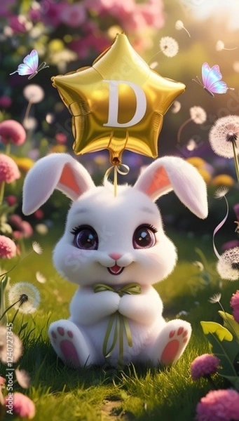Fototapeta A cute chibi bunny in a sunlit meadow holds a shiny star balloon with 'D', surrounded by flowers, butterflies, and magic.