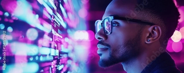 Obraz A focused individual gazes at vibrant digital data displays, illuminated by purple and blue lights, emphasizing a tech-savvy atmosphere.
