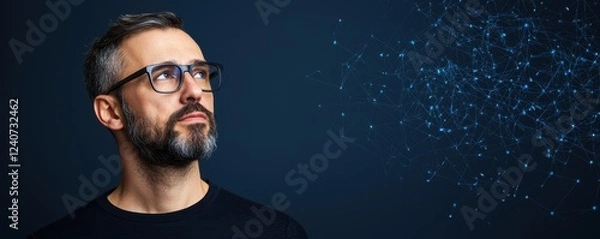 Obraz A contemplative man with glasses gazes upward, surrounded by a subtle, abstract sparkle effect against a dark background.