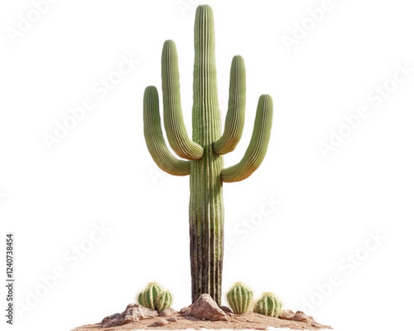 Fototapeta unique saguaro cactus tree stands tall, surrounded by smaller cacti on rocky soil, showcasing beauty of desert flora. This striking image captures essence of arid landscapes