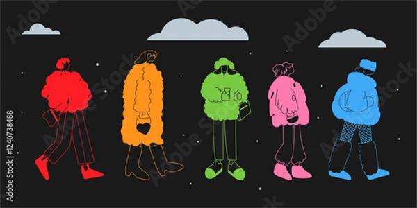 Obraz Group of women in fur coats walking down the street. Trendy vector illustration.
