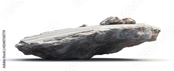 Fototapeta 3D render of a floating rock with a road on top, broken and cracked, isolated on a white background. 