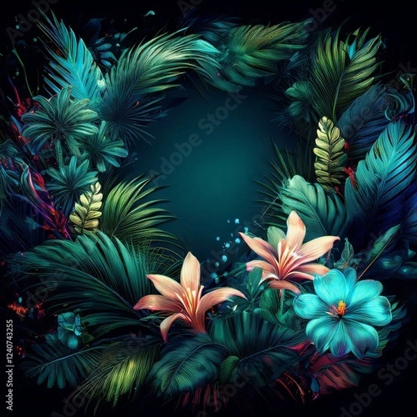 Fototapeta border frame beautiful palm tree leaves and jungle flowers on black background; copy space for your text