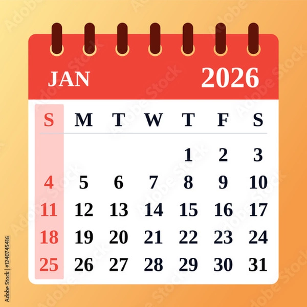 Fototapeta Red january 2026 Monthly Calendar and Planner, Strategic Jan 2026 Time Planner. Jan 2026 Calendar and Productivity Map. Flat design. Vector illustration.
